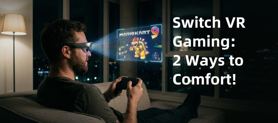 Nintendo Switch 2 connected to XREAL One using a 3-in-1 hub, active HDMI-to-USB-C cable, charging cable, and controller