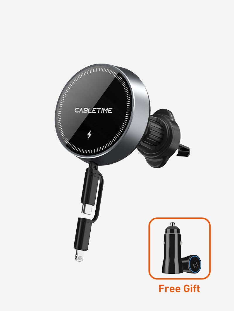 2 IN 1 Magnetic Wireless Car Charger with Retractable Cable