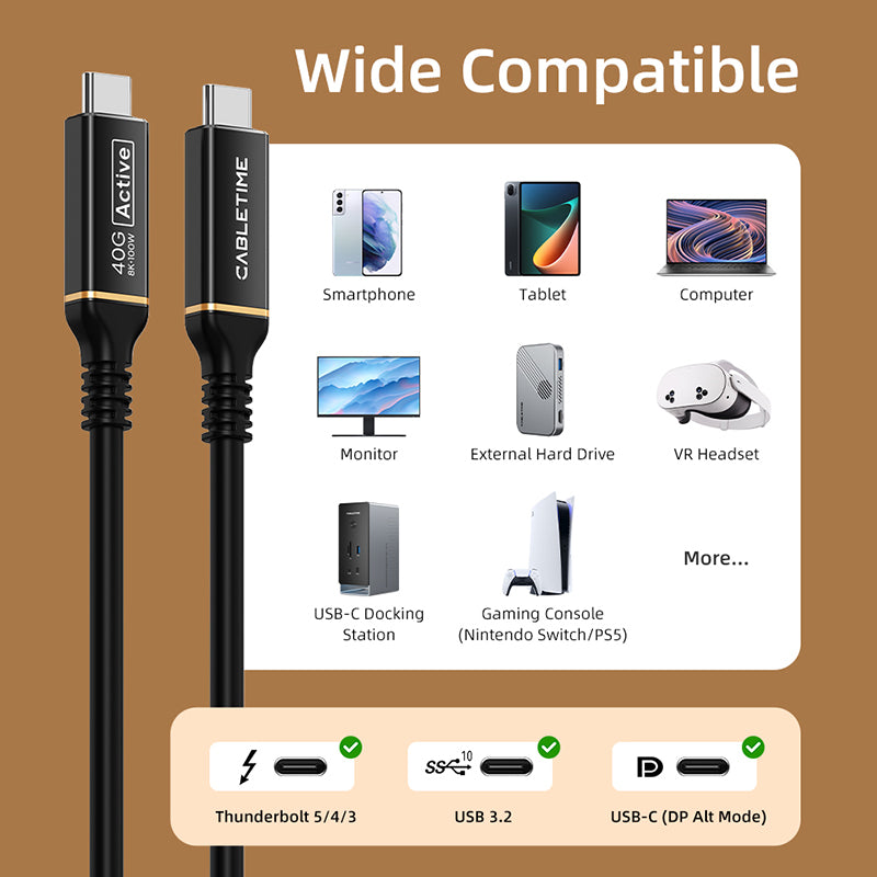 Aktives USB4-Kabel mit 40 Gbit/s, 100 W, 8K, 60 Hz, 3 m