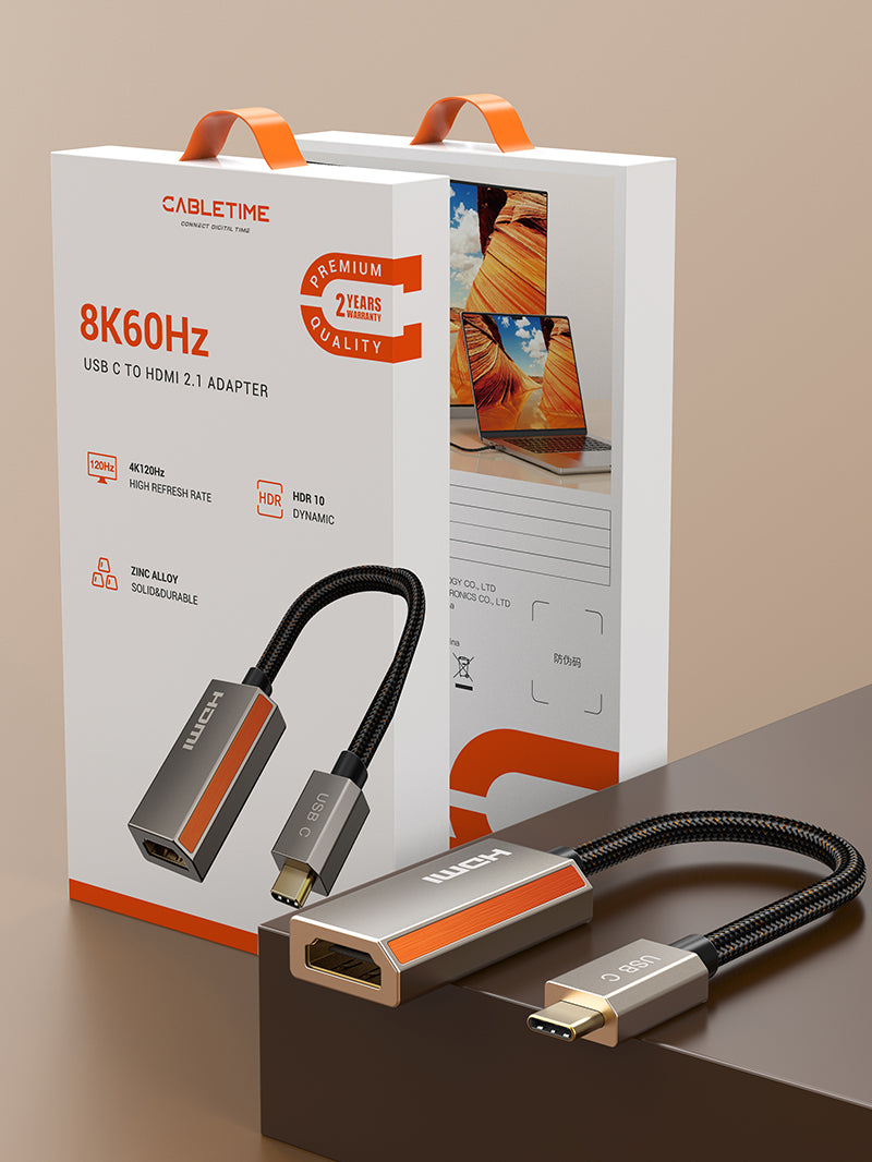 Cabletime 8K60Hz USB-C to HDMI 2.1 adapter retail packaging with zinc alloy shell, HDR10, and 2-year warranty