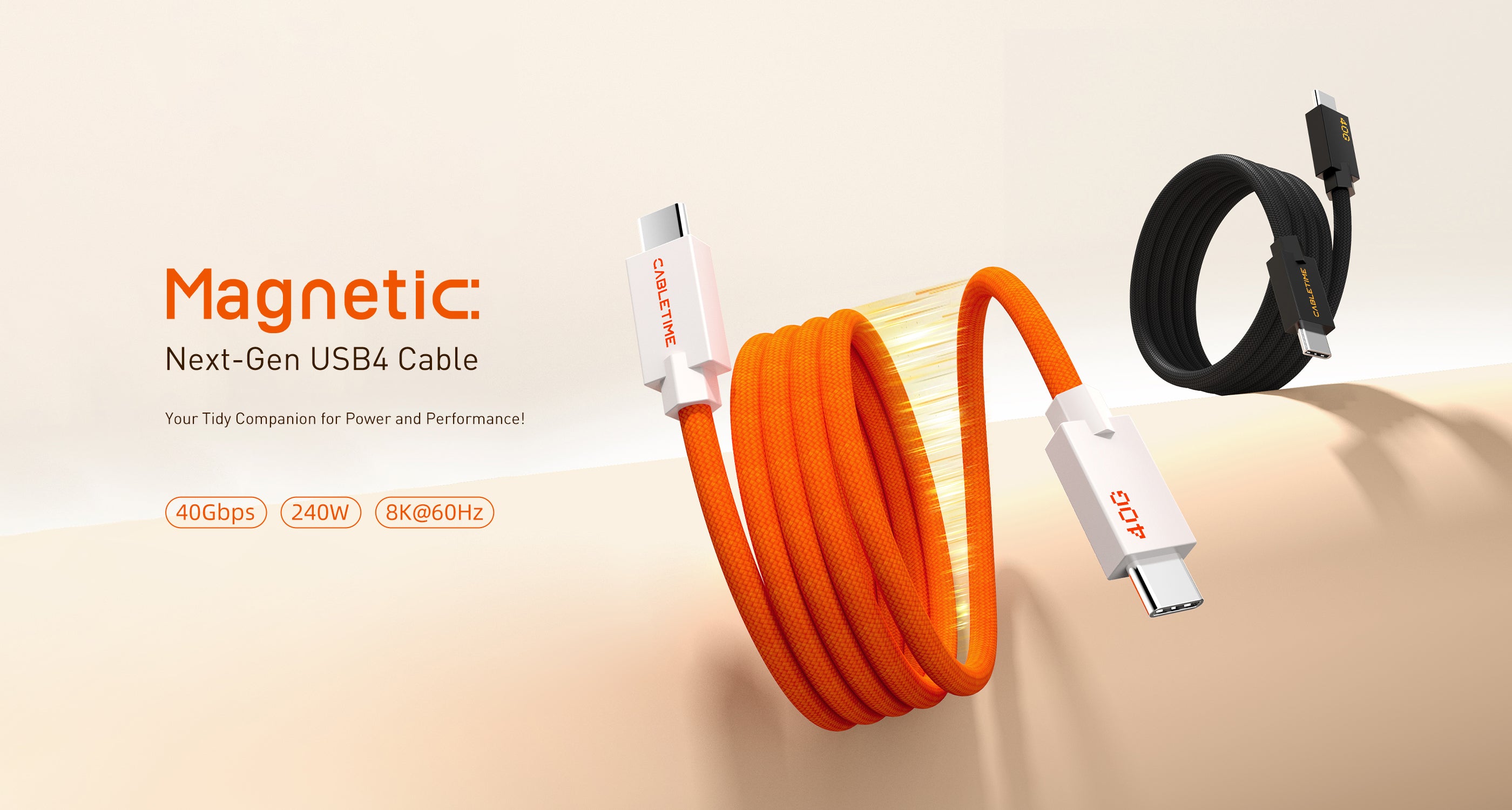 Magnetic USB4 cable in orange and black, supporting 40Gbps data transfer, 240W charging, and 8K@60Hz display output, shown with premium braided design for durability and performance