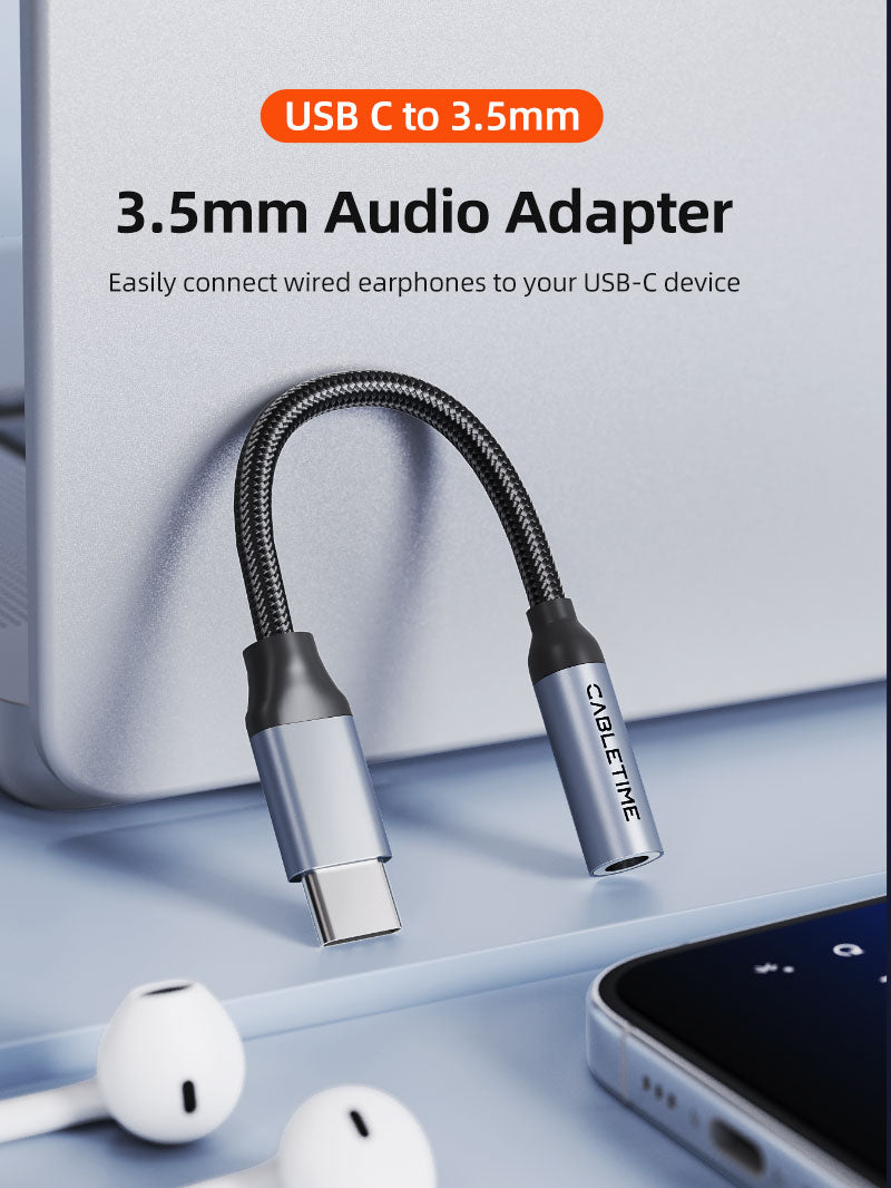 Cabletime USB-C to 3.5mm audio adapter connected to a laptop, shown with wired earphones and a smartphone, ideal for high-quality audio playback on USB-C devices.