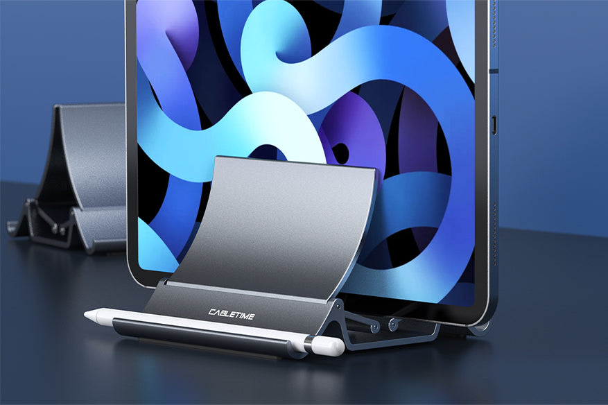 Aluminum adjustable tablet stand holding an iPad with Apple Pencil on desk, featuring CABLETIME logo