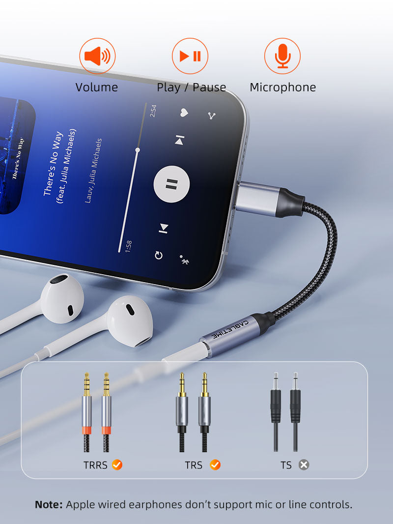 Cabletime USB-C to 3.5mm adapter connected to a smartphone with TRRS earphones, showing support for volume control, play/pause, and microphone functions—note: Apple wired earphones do not support mic or line controls.