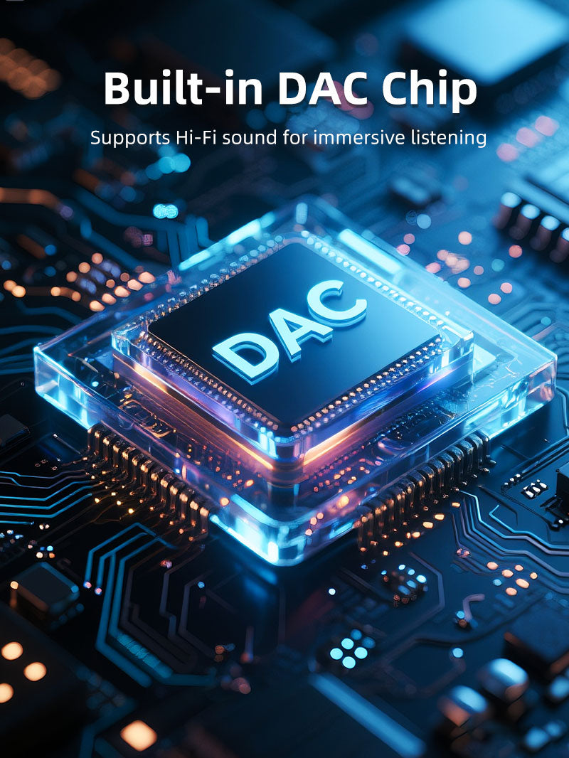 Close-up of a DAC (Digital-to-Analog Converter) chip on a glowing motherboard, representing high-fidelity audio processing in the Cabletime USB-C to 3.5mm adapter.