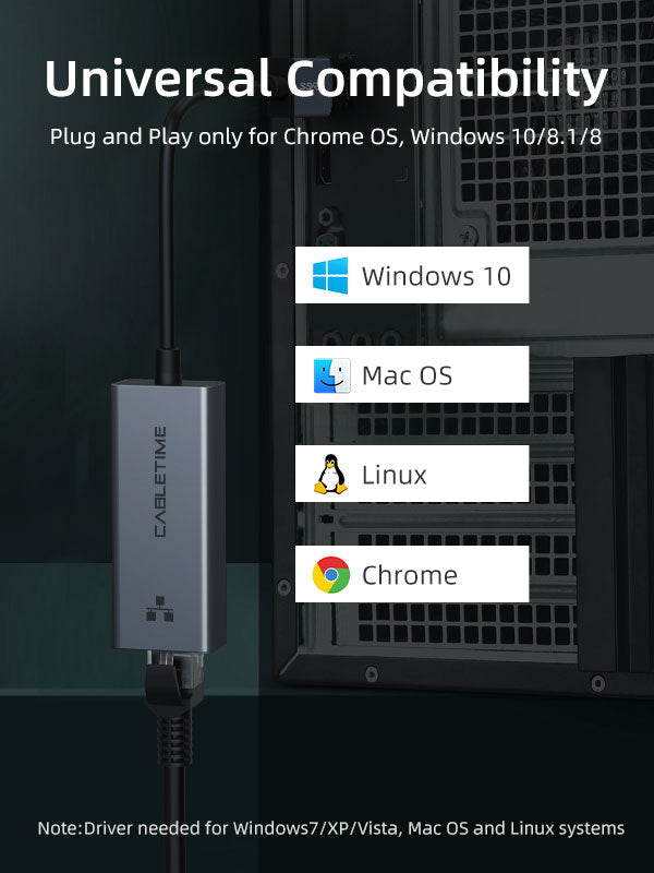 CABLETIME USB 3.0 to Gigabit Ethernet Adapter suit for for Chrome OS, Windows 10/8.1/8