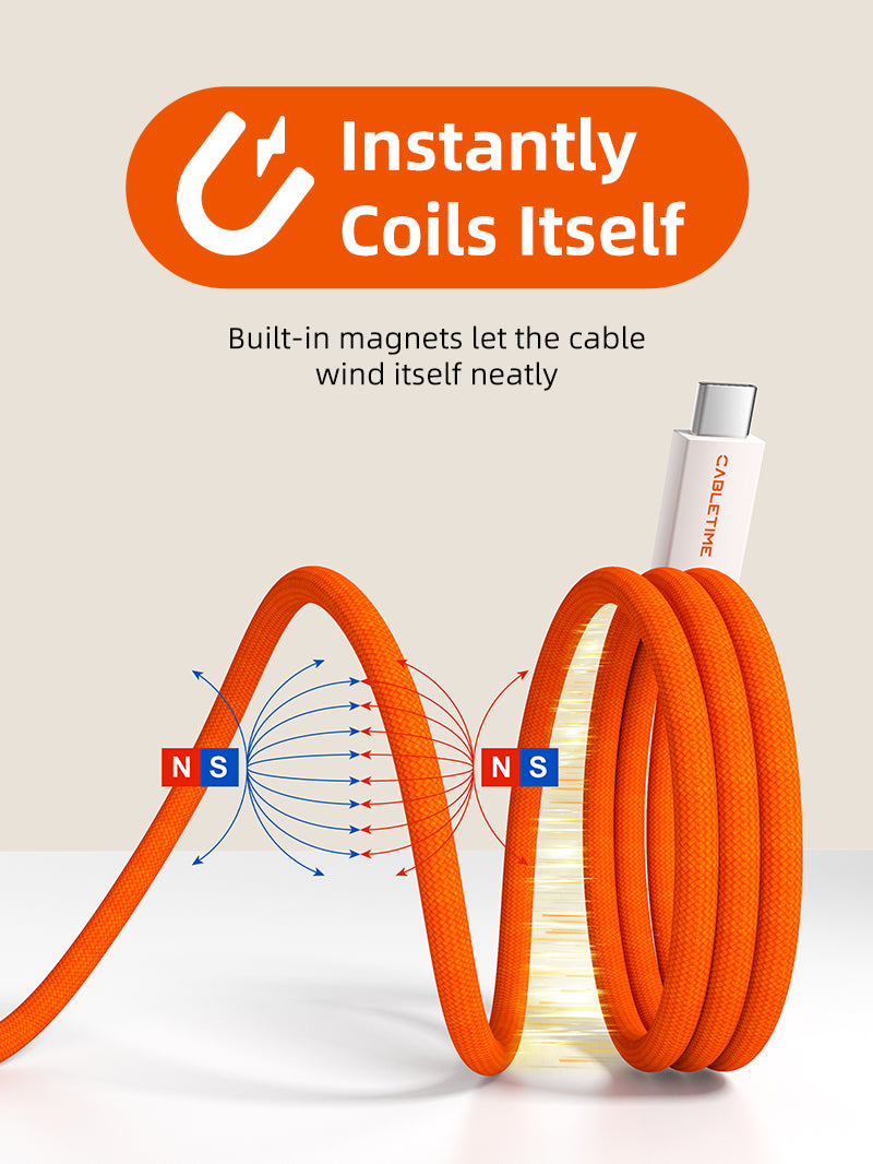 Orange magnetic USB4 USB-C to USB-C charging cable with built-in magnets that let the cable coil itself neatly, supporting 240W fast charging and high-speed 40Gbps data transfer.