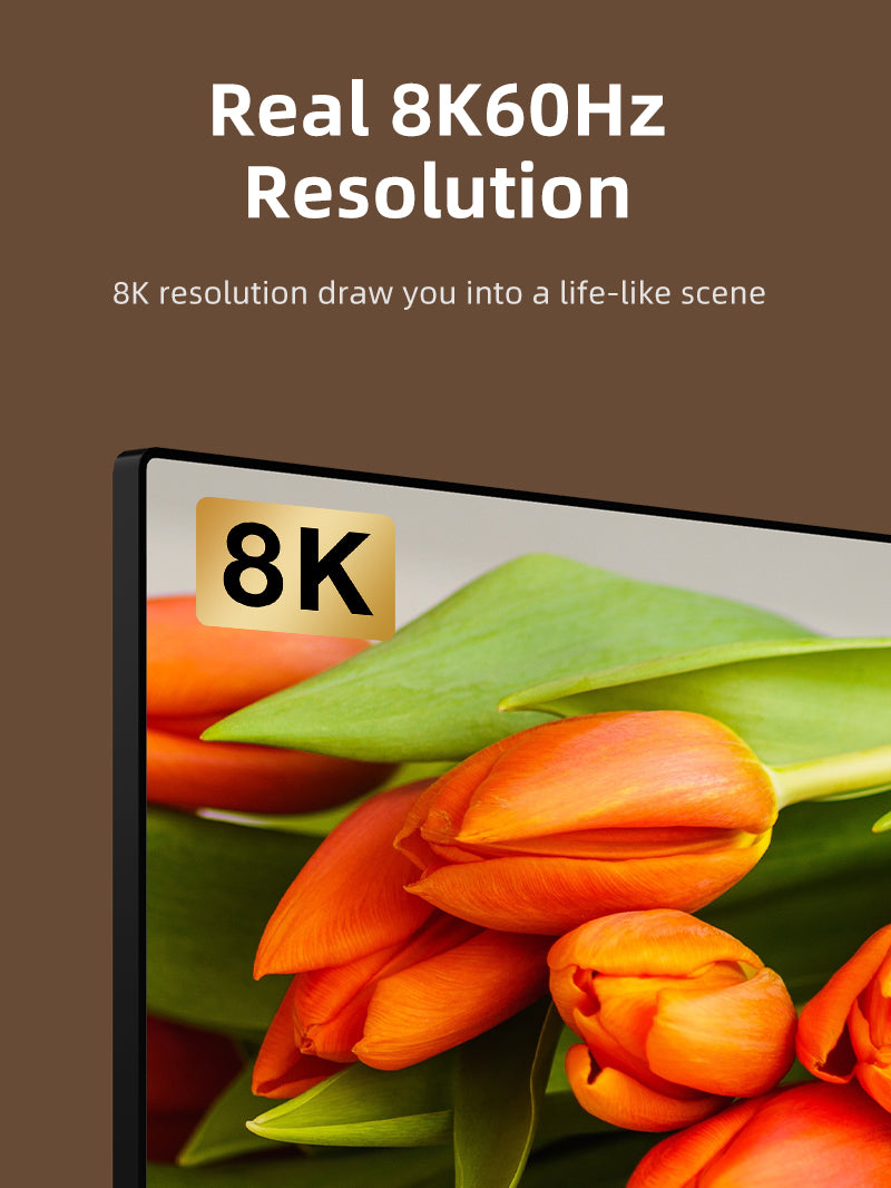 Monitor displaying vibrant flowers in 8K resolution, highlighting USB-C to HDMI 2.1 adapter support for real 8K 60Hz ultra HD output