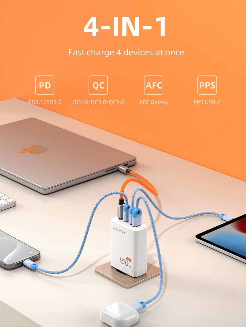 4 IN 1 150W GaN USB C Wall Charger for Laptop Macbook Phone
