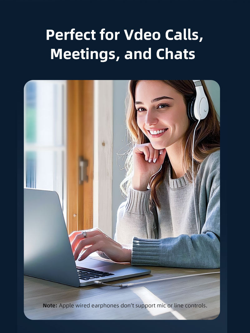 Smiling woman using a laptop with wired headphones, illustrating the Cabletime USB-C to 3.5mm adapter as ideal for video calls, online meetings, and chats.