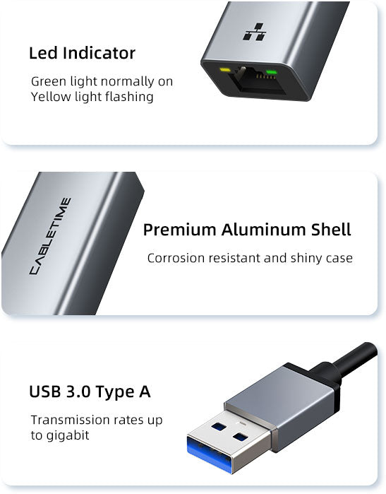 CABLETIME USB 3.0 to Gigabit Ethernet Adapter with Premium Aluminum Shell