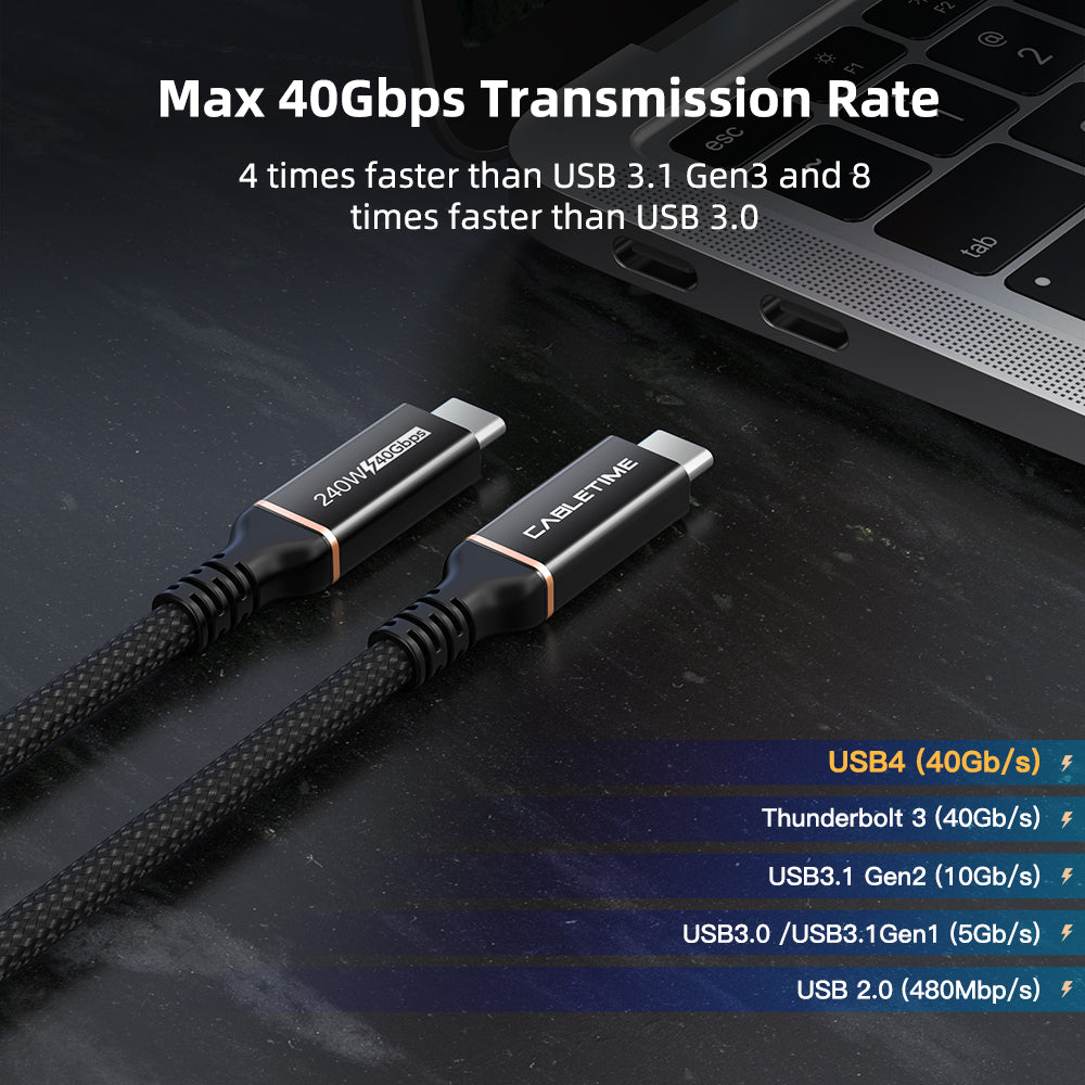 Câble USB4 240W, sortie vidéo 40Gbp 8K tressé 2M 1M