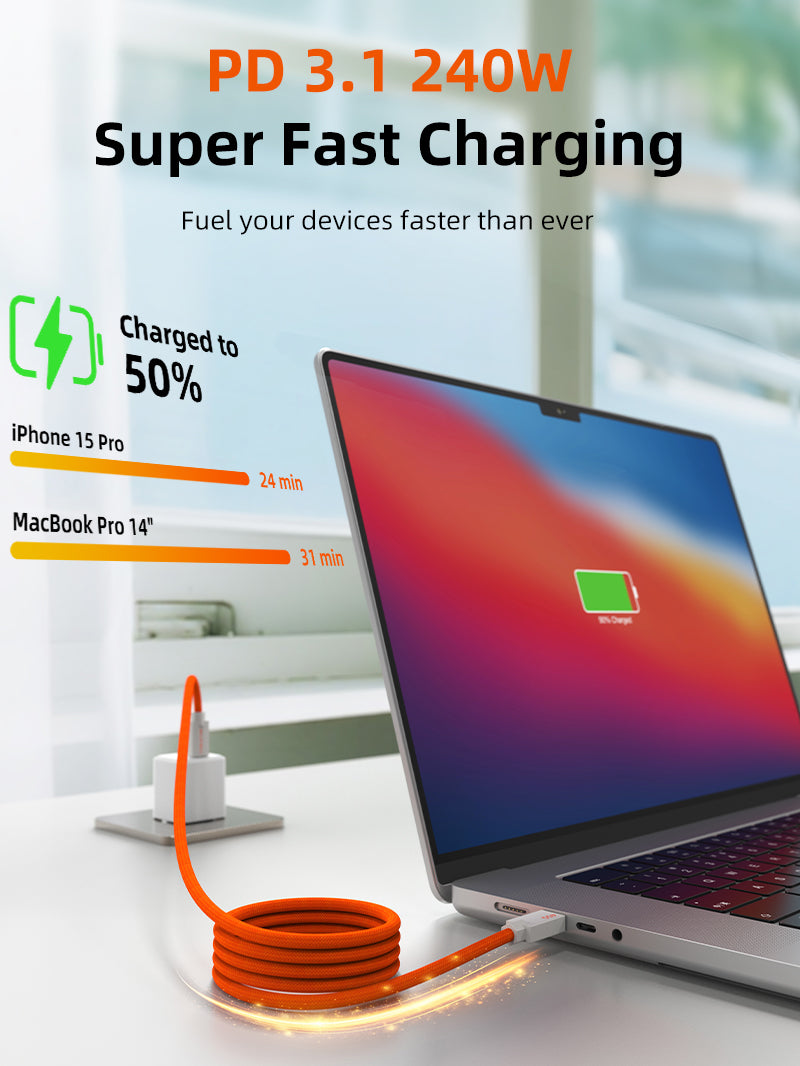 Orange magnetic USB4 USB-C to USB-C coiled charging cable connected to a MacBook Pro 14-inch, supporting PD 3.1 240W super-fast charging; charges iPhone 15 Pro to 50% in 24 minutes and MacBook Pro 14-inch in 31 minutes.