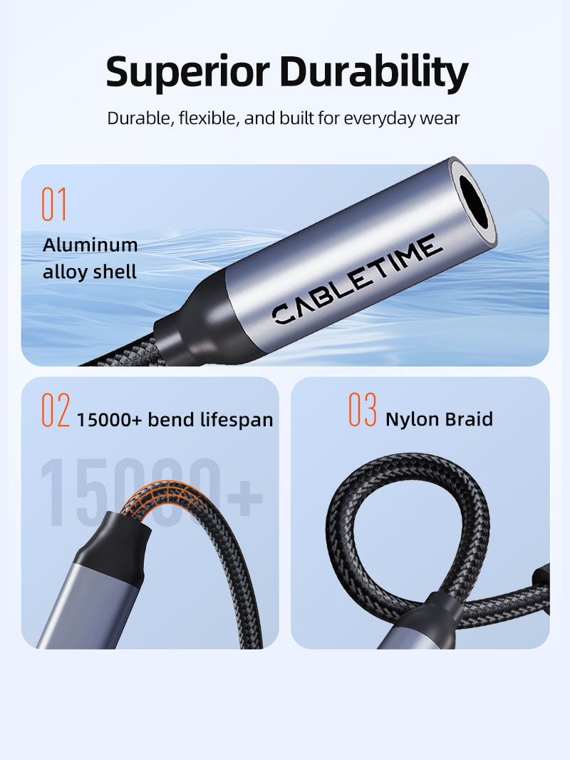Close-up of Cabletime USB-C to 3.5mm headphone audio adapter showcasing its aluminum alloy shell, durable nylon braided cable, and 15,000+ bend lifespan for enhanced durability.
