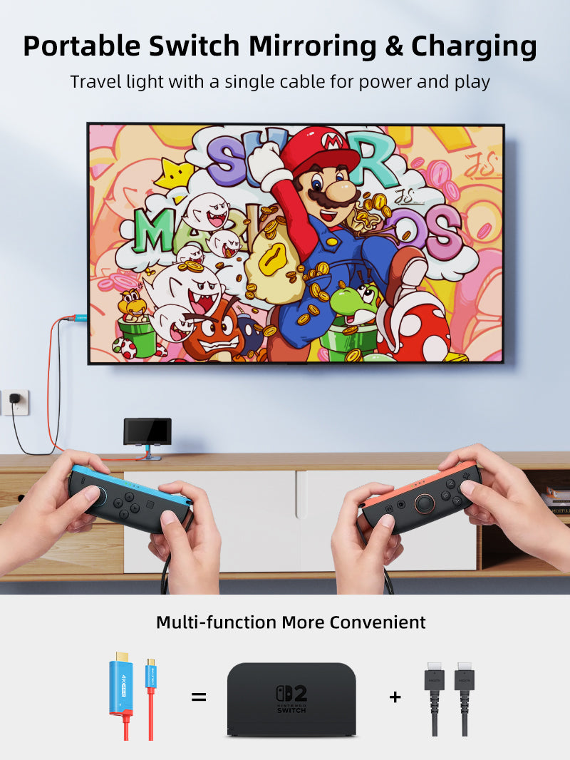 Nintendo Switch 2 Travel Dock 4K144Hz USB-C til HDMI-kabel med 100W PD-opladning