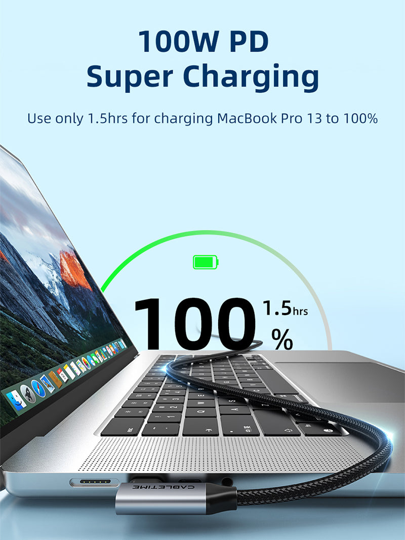 90 degree usb c charging cable offer 100w power for charging Macbook pro 13 to 100% in 1.5 hours