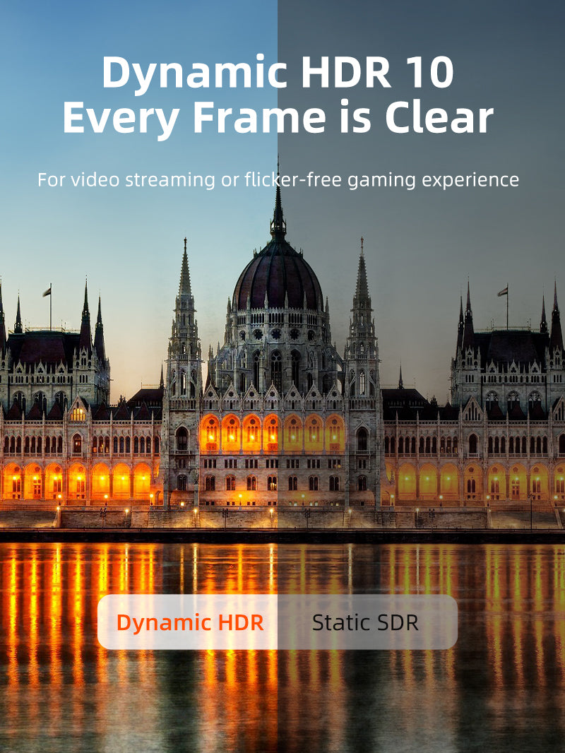 Dynamic HDR10 vs Static SDR image comparison on a building, demonstrating clearer frames with USB-C to HDMI 2.1 adapter