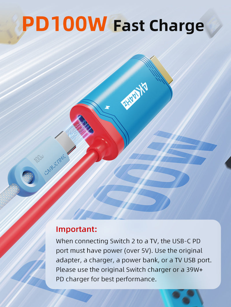 Nintendo Switch 2 Travel Dock 4K144Hz USB-C til HDMI-kabel med 100W PD-opladning