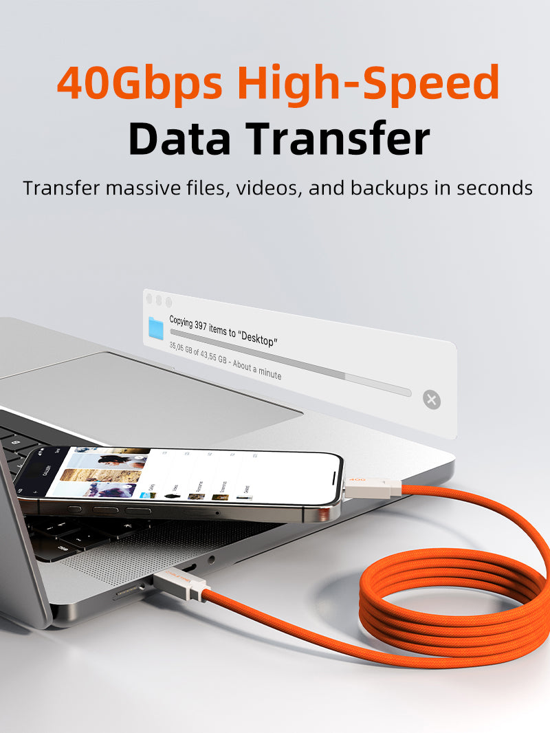 USB4 magnetic charging cable with 40Gbps high-speed data transfer, connecting laptop and smartphone for rapid file transfer