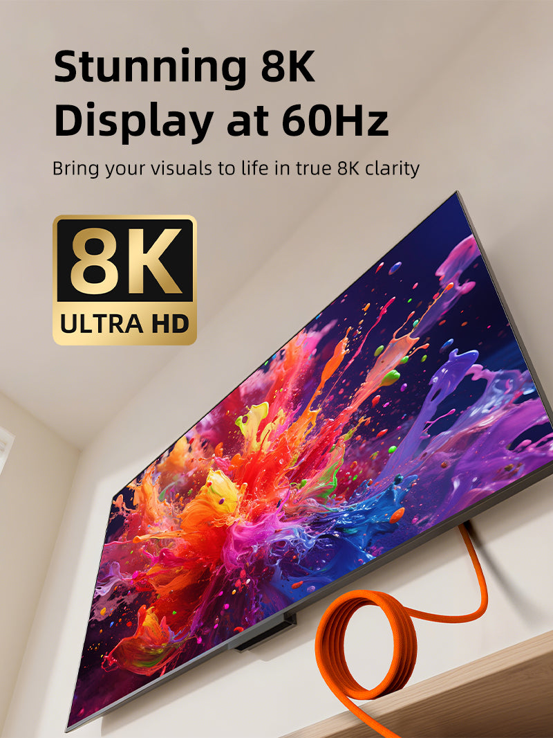 USB4 magnetic charging cable displaying stunning 8K resolution at 60Hz on a wall-mounted TV, featuring vibrant colors and ultra-HD clarity.