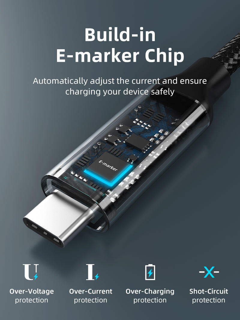 usb c to usb c 90 degree cable built in e-marker chip for automatically adjust the current and charging safely