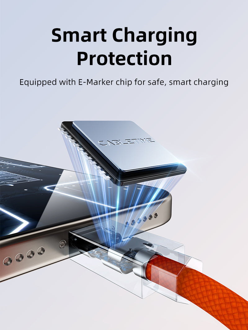 USB4 magnetic coil charging cable with E-Marker chip for smart charging protection, connected to smartphone for safe high-speed charging