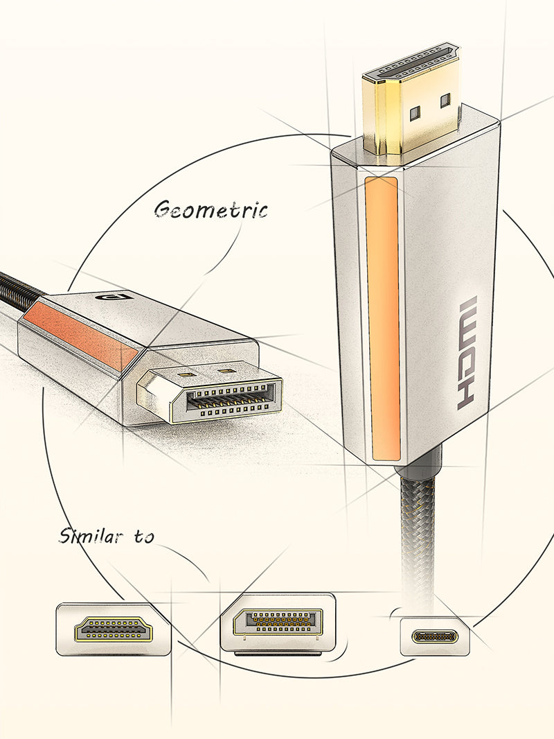 Detailed geometric illustration of USB-C to HDMI 2.1 adapter connectors showing HDMI female port and USB-C male plug