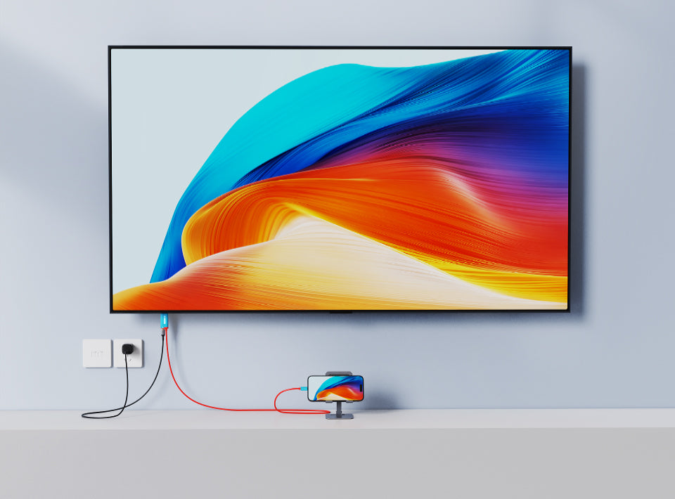 Smartphone connected to TV with Cabletime USB-C to HDMI cable displaying colorful screen while charging the phone