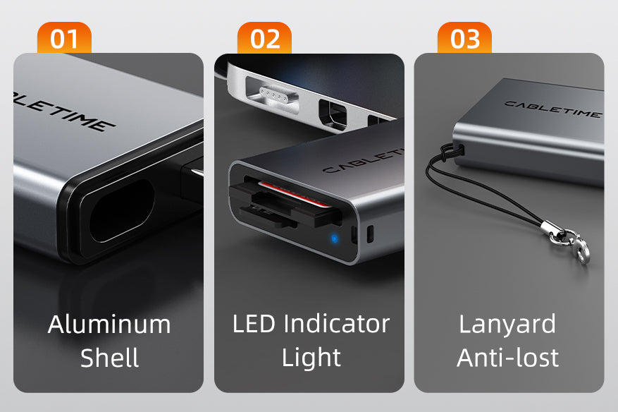this USB type c micro sd card reader features an elegant aluminum shell for durability and style.