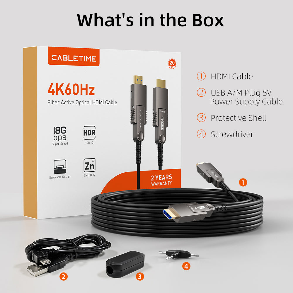 4K 60Hz aftageligt aktivt fiberoptisk HDMI 2.0-kabel - 18 Gbps AOC til hjemmebiograf, PS5, projektorer