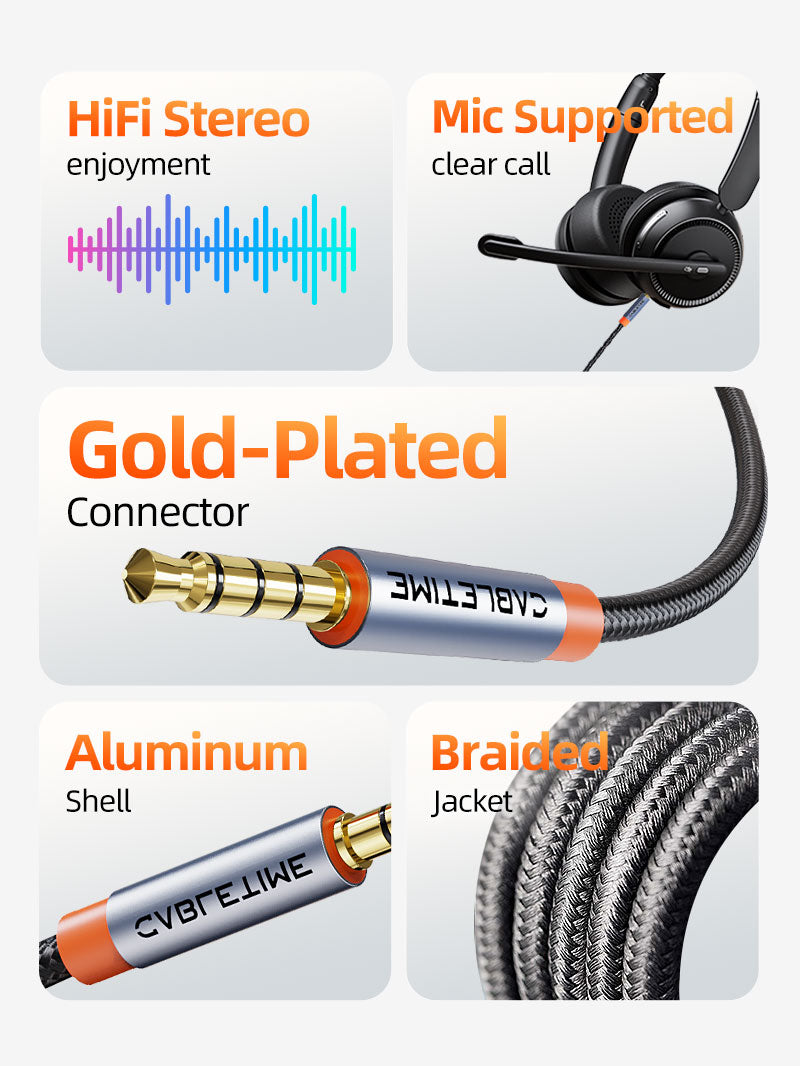 3.5mm Audio Cable Male to Male TRRS Stereo AUX Cord for iPad/Samsung Phones/Tablets/Car Home Stereos/Headphones