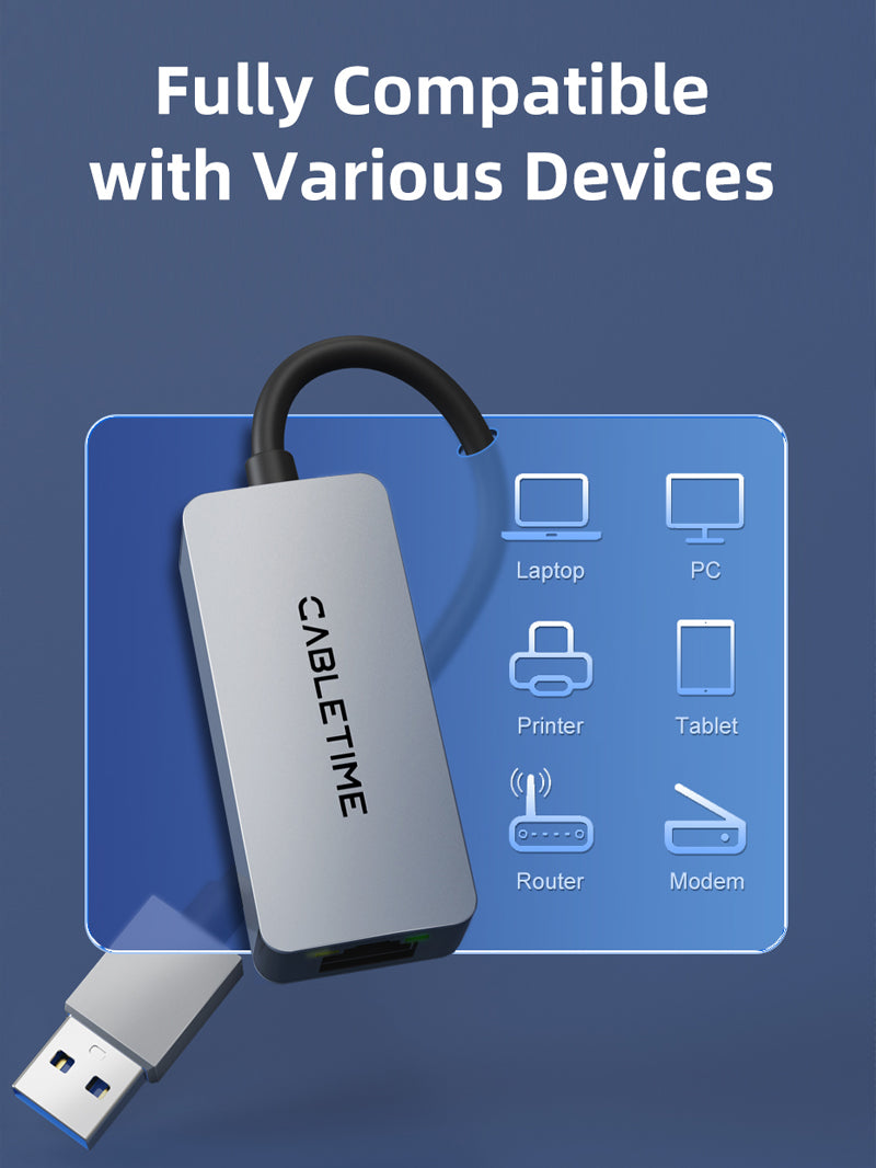 2.5Gbps USB 3.0 A to rj45 Gigabit Ethernet Adapter for Laptop MacBook Air/Pro, XPS - CABLETIME