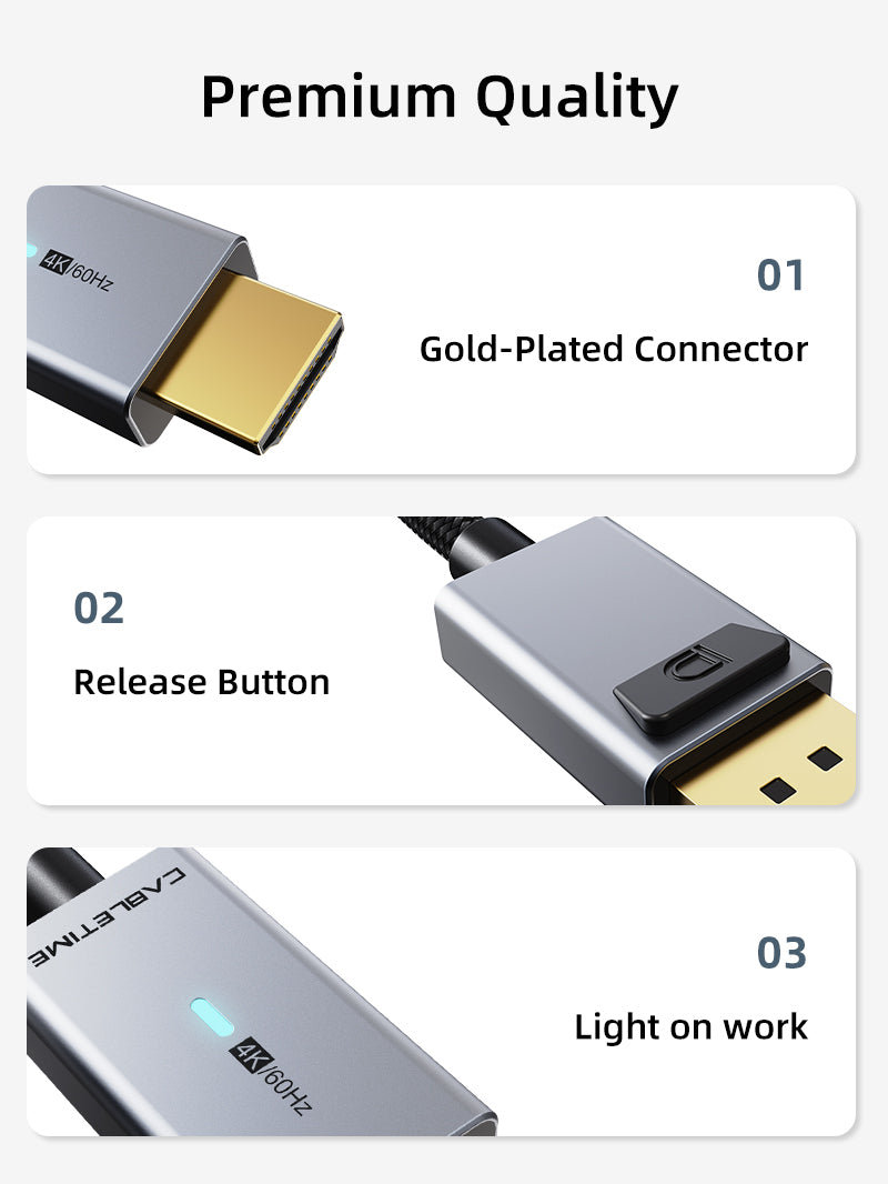 CABLETIME 6ft DisplayPort To HDMI Male To Male Cable with Gold-Plated Connector, Release Button