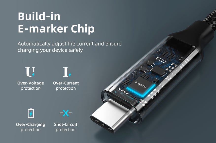 safe 90 degree usb c charging cable with e-marker chip for over-voltage , over-current protection