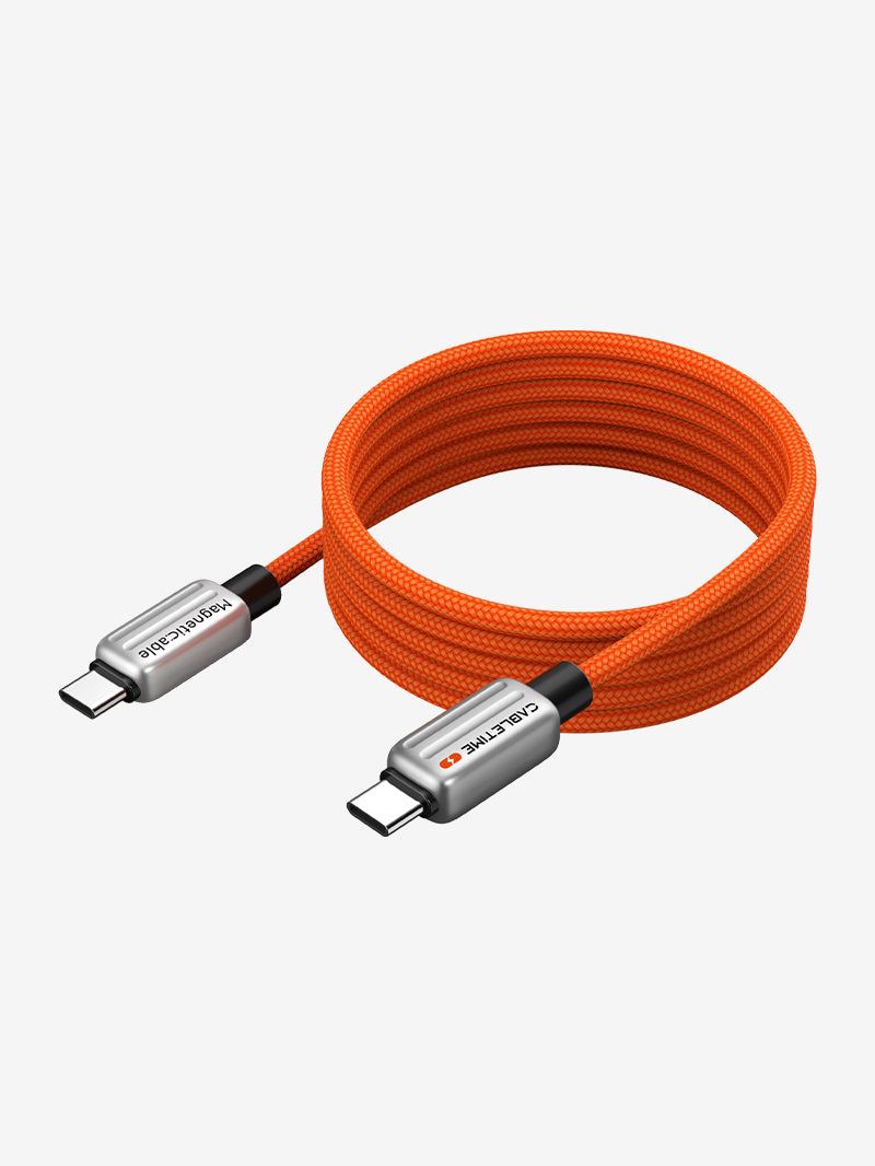Bright orange braided magnetic USB-C to USB-C fast charging cable with metal connectors by Cabletime