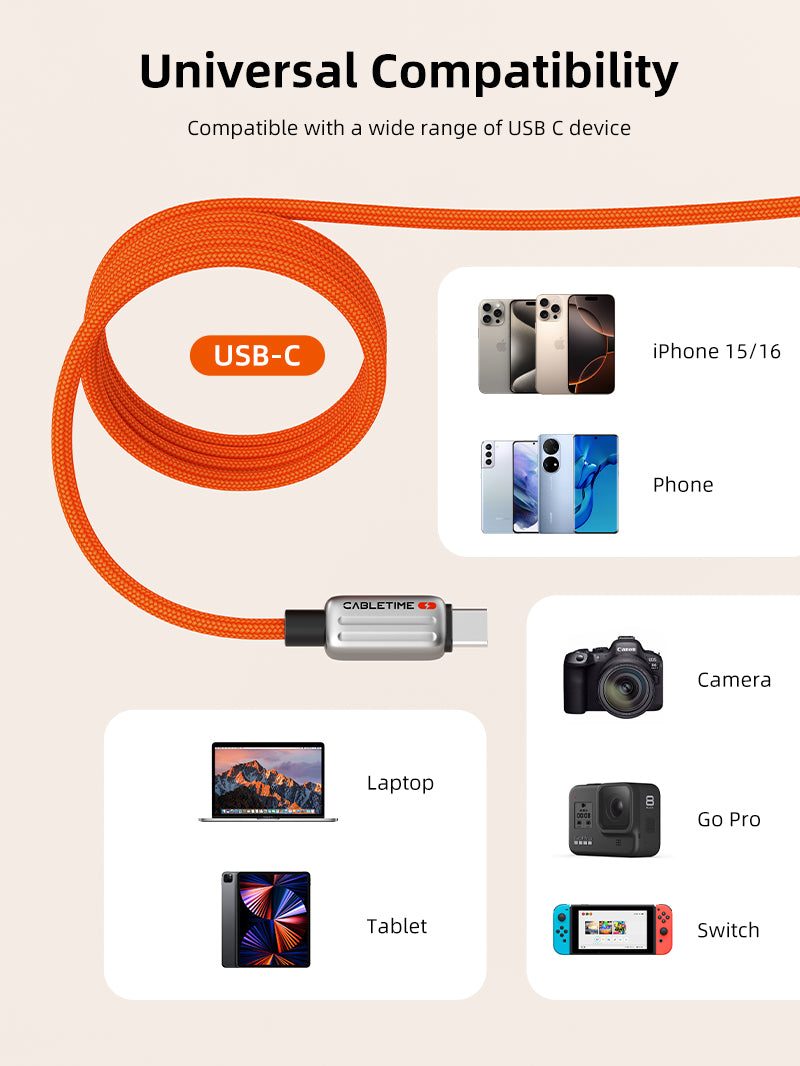 CABLETIME Orange magnetic usb charge cable compatible with iPhone 15 and 16, smartphones, laptops, tablets, cameras, GoPro, and Nintendo Switch