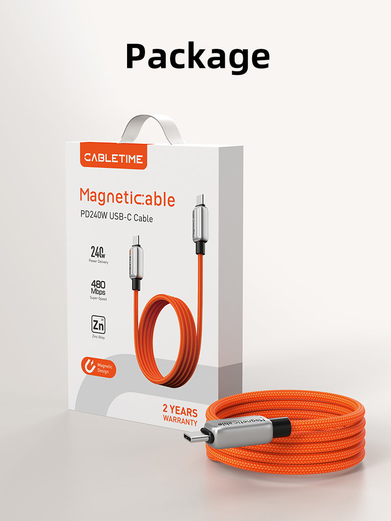 Cabletime magnetic USB-C cable with 240W power delivery and 480Mbps speed shown with retail packaging