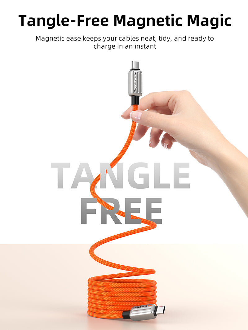 Hand holding an orange braided magnetic USB-C charging cable showing tangle-free design by Cabletime