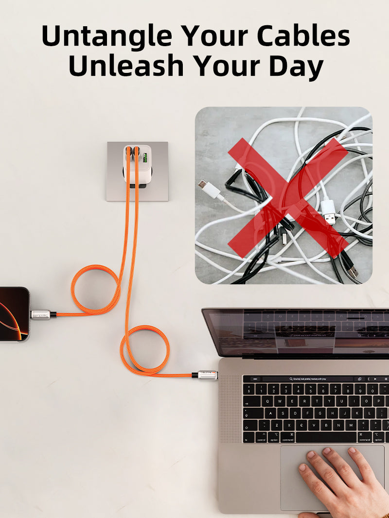 Orange braided magnetic USB-C charging cable powering a smartphone and laptop with tangle-free design compared to messy cables
