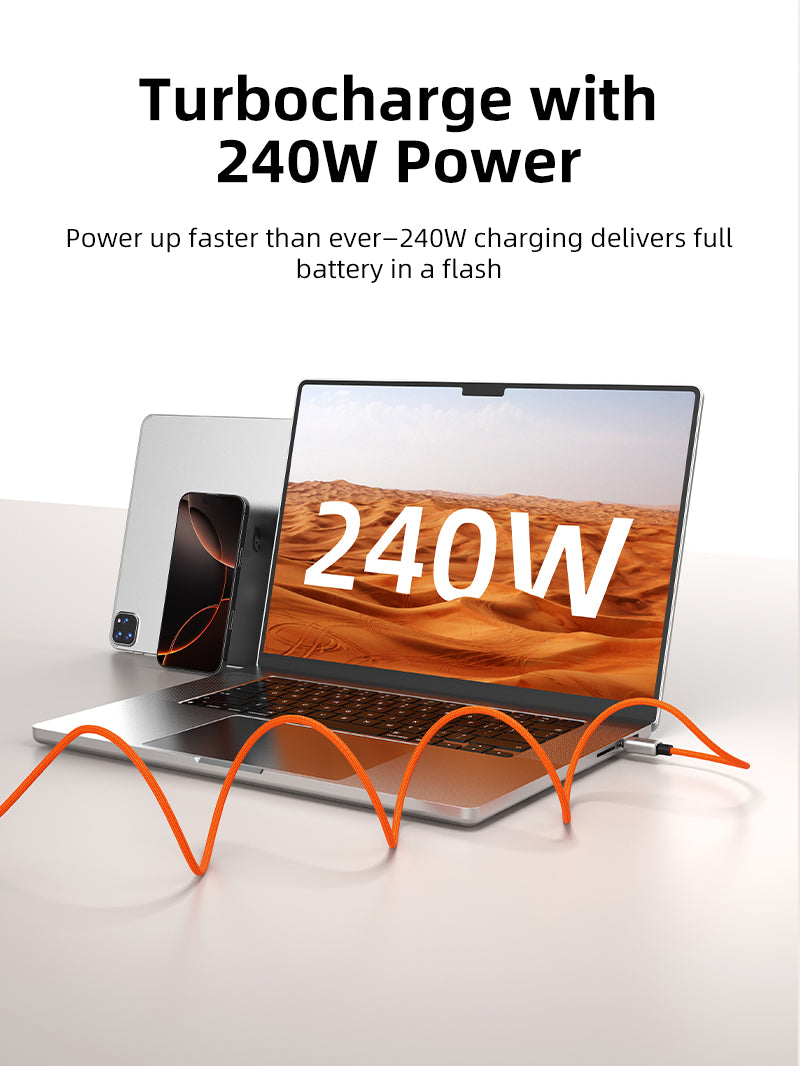 Orange braided magnetic USB-C charging cable delivering 240W fast power to a laptop and smartphone
