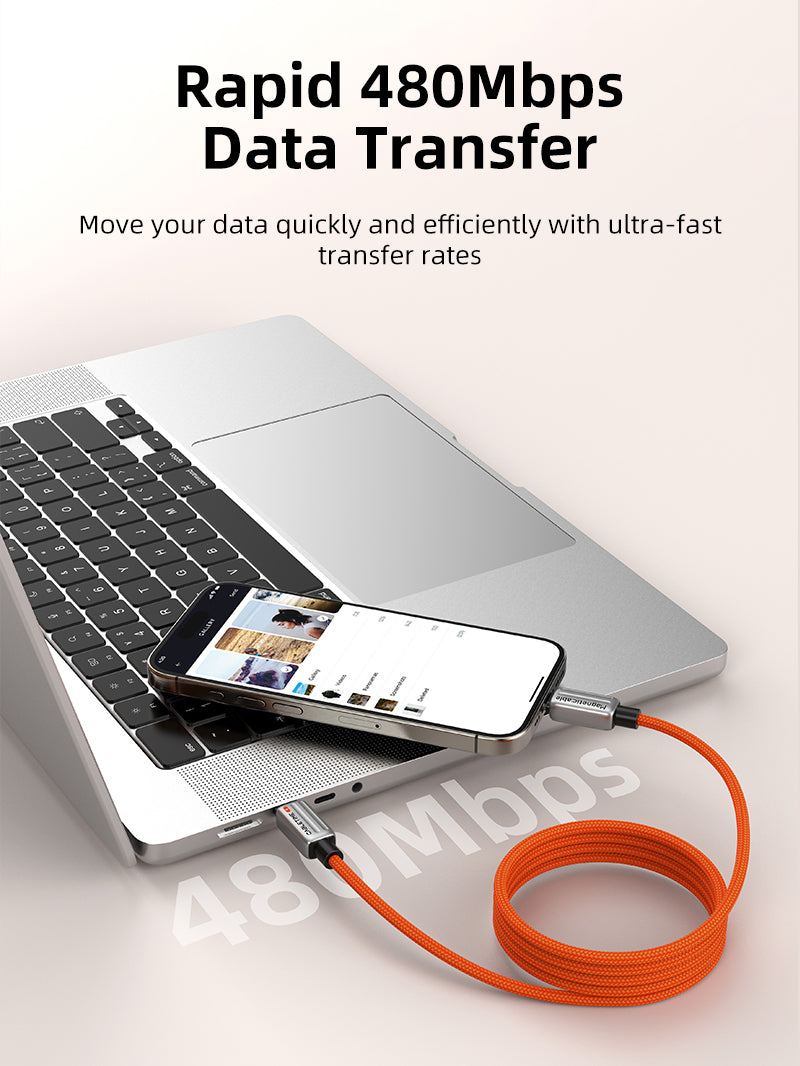 Orange braided Magnetic USB-C cable transferring data at 480Mbps between laptop and smartphone