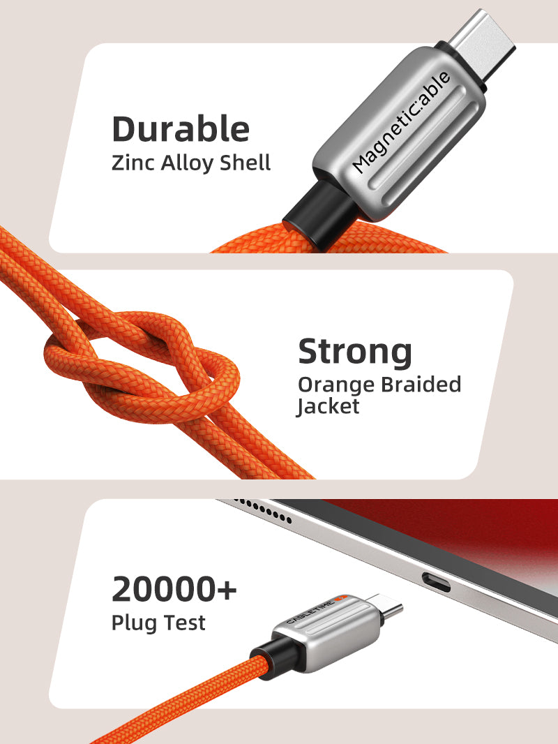 CABLETIME Orange magnetic USB-C cable with zinc alloy shell, strong braided jacket, and 20000 plus plug test durability