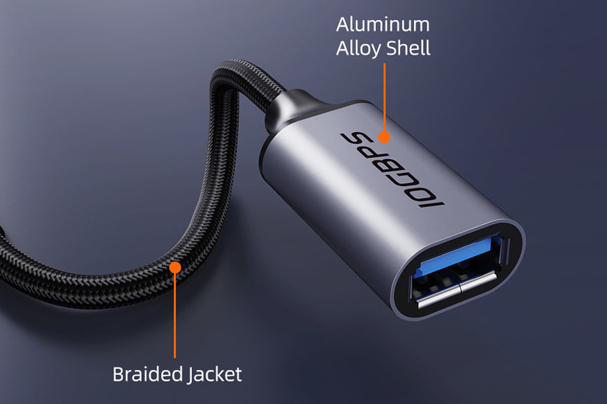 Close-up of CableTime 10Gbps USB-C to USB-A adapter with aluminum alloy shell and durable braided jacket for strength and longevity.