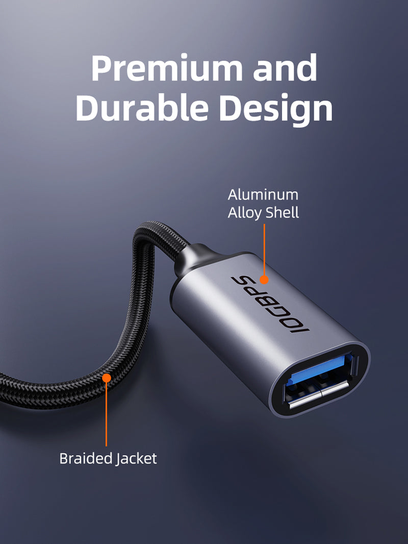 CableTime 10Gbps USB-C male to USB-A female adapter with aluminum alloy shell and braided cable jacket for premium durability.