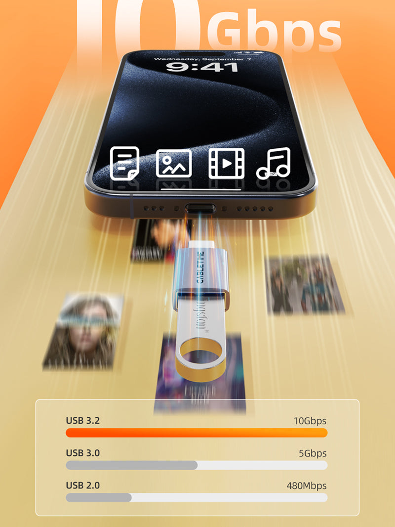 USB-C OTG adapter transferring photos, videos, and music at 10Gbps speed from phone using USB 3.2 technology