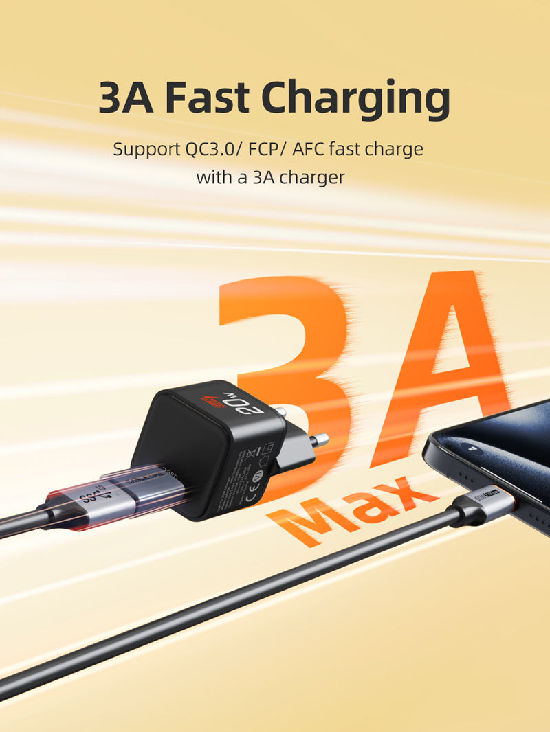USB-C to USB-A adapter supporting 3A fast charging with QC3.0/FCP/AFC compatibility