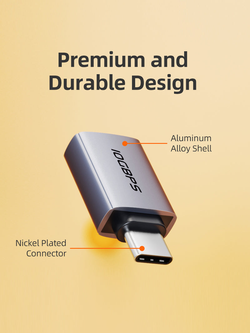 Premium USB-C to USB-A adapter featuring aluminum alloy shell and nickel-plated connector for durability