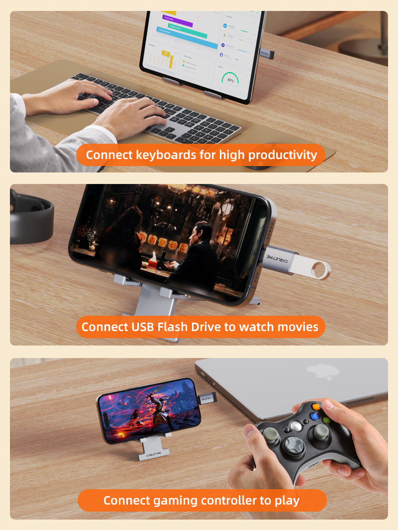 USB-C adapter connected to devices for keyboard input, movie playback, and gaming with a controller