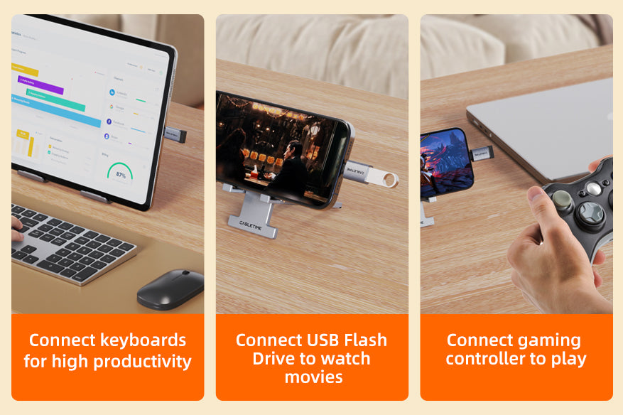 Three use scenarios of a USB-C to USB-A OTG adapter: connecting a keyboard to a laptop, a flash drive to a smartphone for movie playback, and a game controller for mobile gaming.