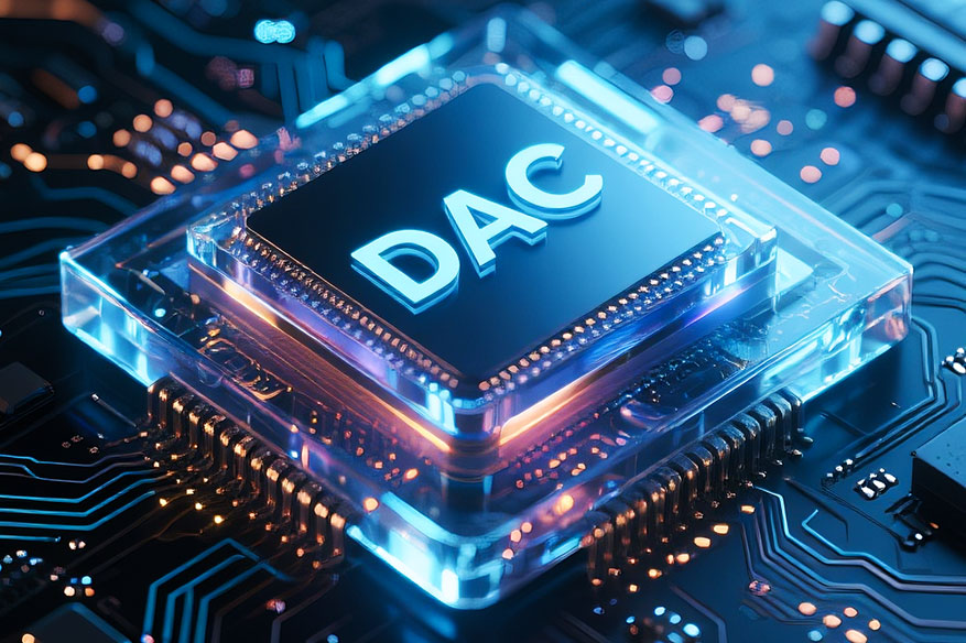 Close-up of a glowing DAC (Digital-to-Analog Converter) chip on a circuit board, representing high-quality audio signal processing used in CABLETIME USB-C to 3.5mm audio adapters.